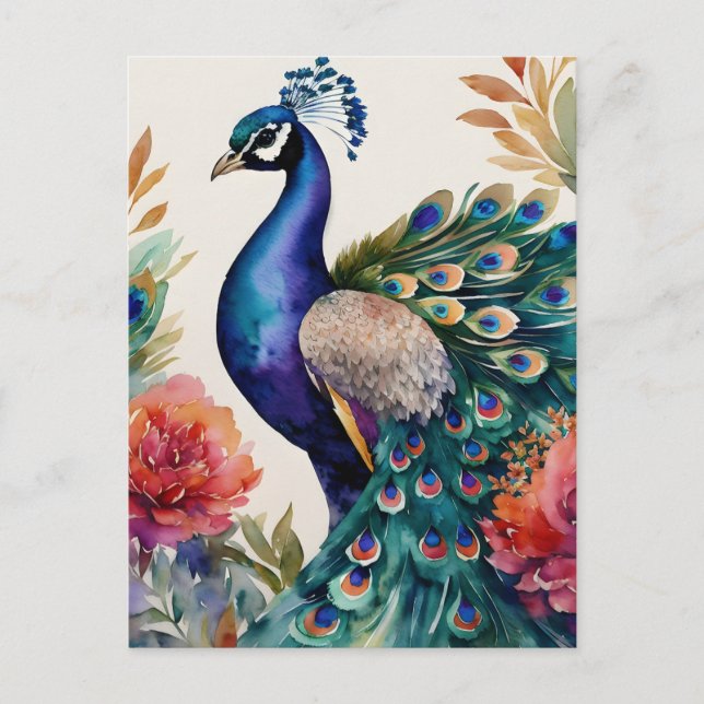 Carte Postale Peacock Floral Aquarelle Art (Devant)