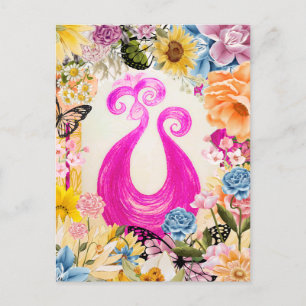 Carte Postale Peacock Plum rose avec fleurs colorées