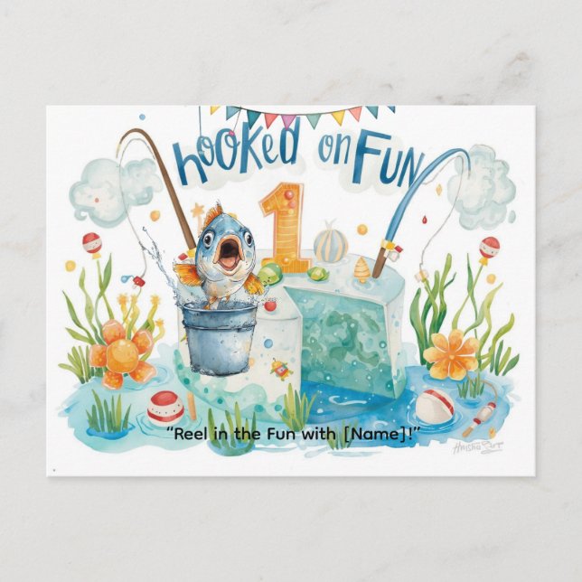Carte Postale Pêche 1er Anniversaire pour Little Anglers Party (Devant)