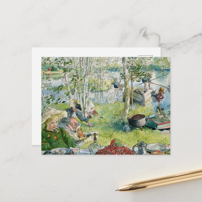 Carte Postale Pêche à l'arc par Carl Larsson (Devant/Arrière en situation)