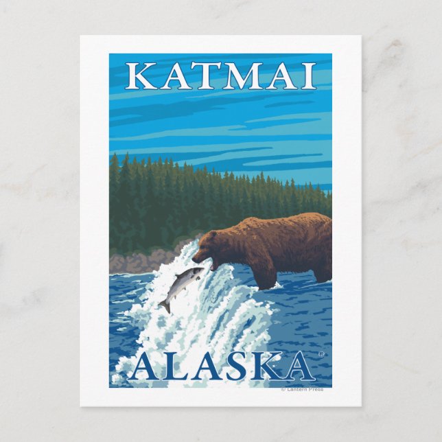 Carte Postale Pêche à l'ours dans la rivière - Katmai, Alaska (Devant)