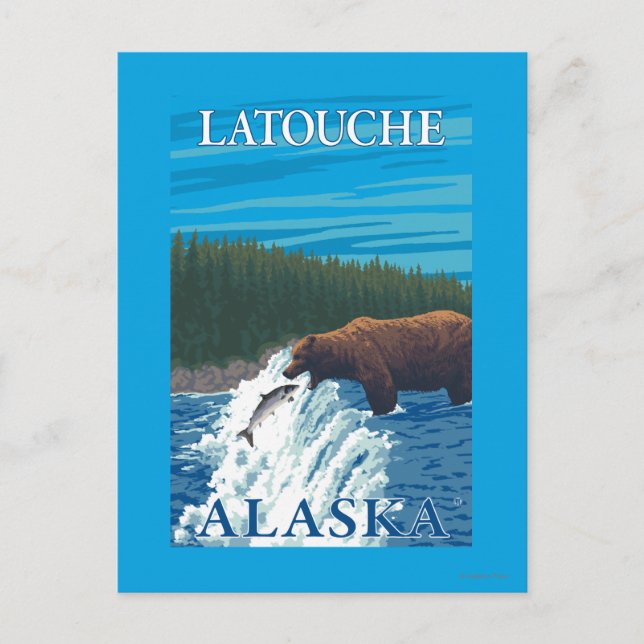 Carte Postale Pêche à l'ours dans la rivière - Latouche, Alaska (Devant)