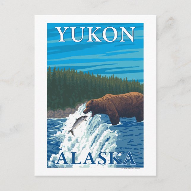 Carte Postale Pêche à l'ours dans la rivière - Yukon, Alaska (Devant)