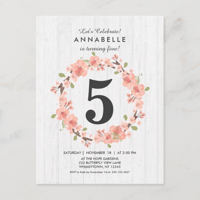 Carte Postale Pêche au bois blanc Floral Invitation de fête d'an (Devant)