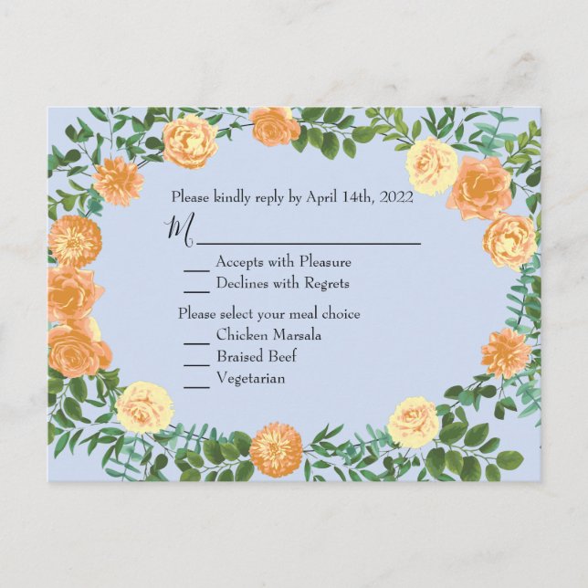Carte Postale Pêcher bleu clair Mariage Roses Floral (Devant)