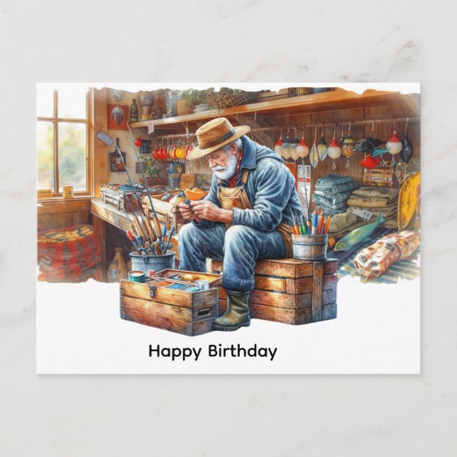 Carte Postale Pêcheur à la boutique de pêche heureux anniversair (Devant)