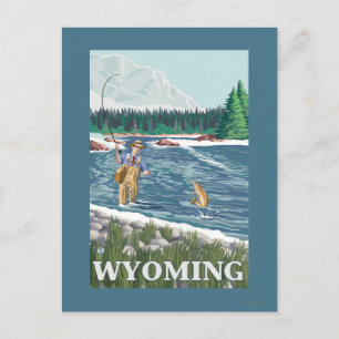 Carte Postale Pêcheur à la moucheWyomingAffiche de voyage vintag