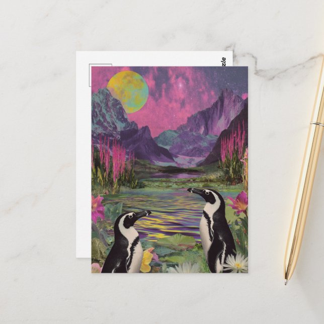 Carte Postale Peguins Surreal Médias mixtes (Devant/Arrière en situation)