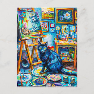 Carte Postale Peindre un chat dans l'atelier du peintre