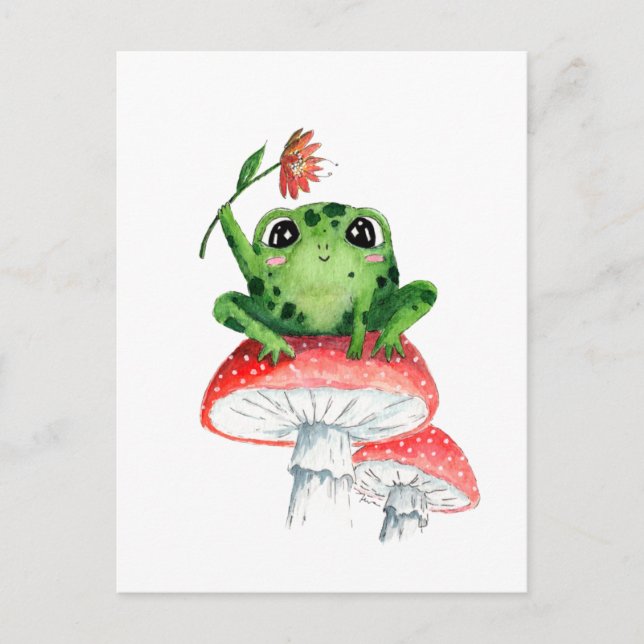 Carte Postale Peintre Grenouille Mignonne sur Champignon aquarel (Devant)
