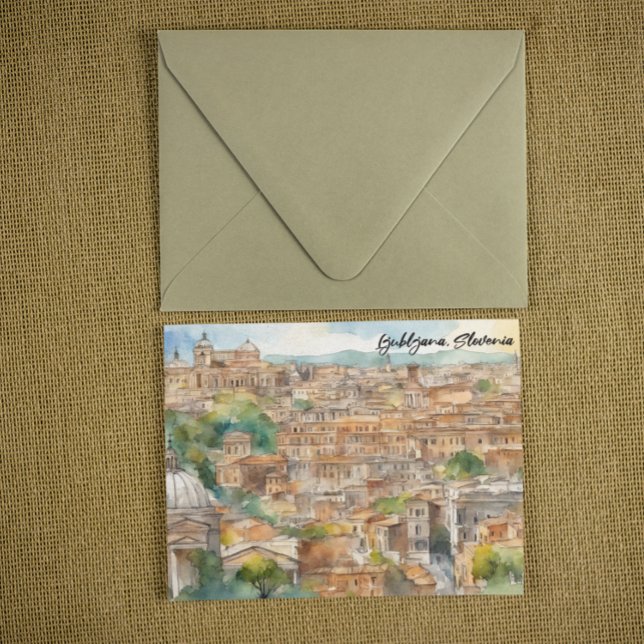 Carte Postale Peinture à l'aquarelle de la silhouette de Ljublja (Ljubljana Slovenia Silhouette Watercolor Painting)