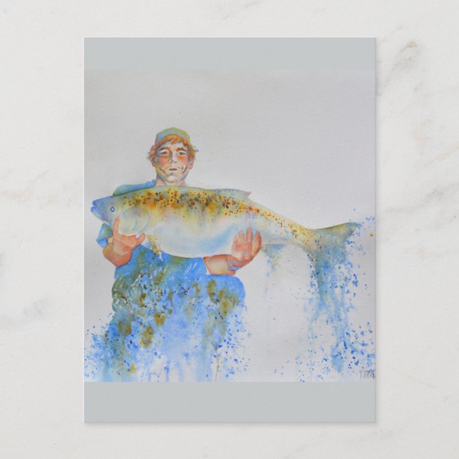 Carte Postale Peinture aquarelle de pêcheur cadeau pour lui (Devant)