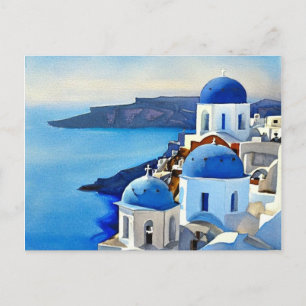 Carte Postale Peinture aquarelle de Santorin Grèce