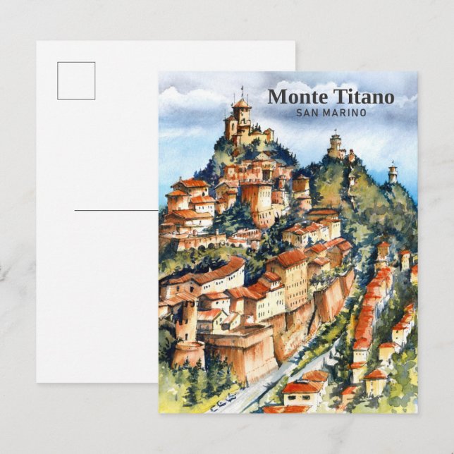 Carte Postale Peinture aquarelle de voyage à Monte Titano San Ma (Devant / Derrière)