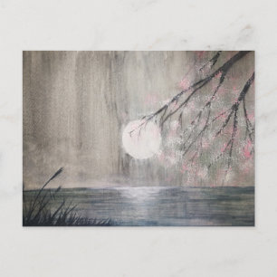 Carte Postale peinture aquarelle lune asiatique et fleurs de cer