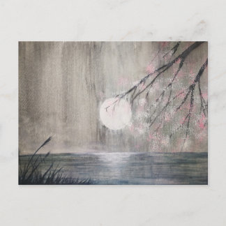 Carte Postale peinture aquarelle lune asiatique et fleurs de cer