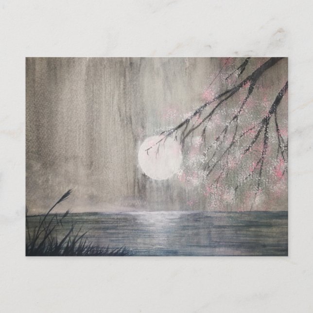 Carte Postale peinture aquarelle lune asiatique et fleurs de cer (Devant)
