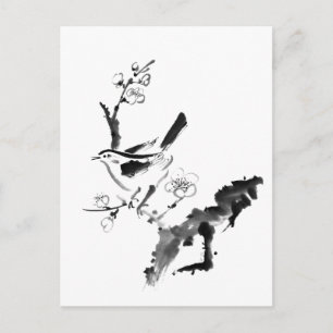 Carte Postale Peinture chinoise, fleur de prune et oiseau