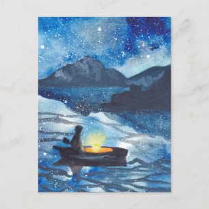 Carte Postale peinture ciel étoilé bleu nuit étoile les gens sur
