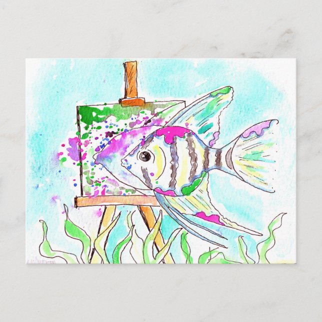 Carte Postale Peinture d'artiste des poissons-anges (Devant)