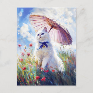 Carte Postale Peinture de chat blanc avec parasol dans le champ 