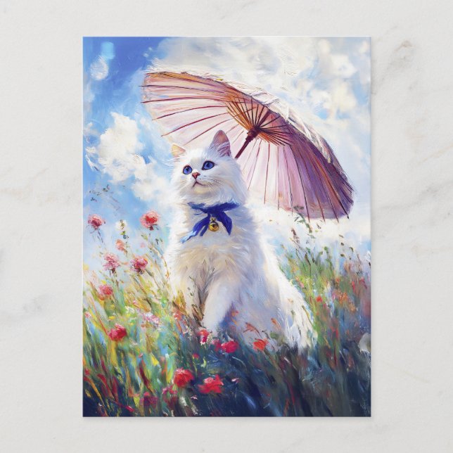 Carte Postale Peinture de chat blanc avec parasol dans le champ  (Devant)