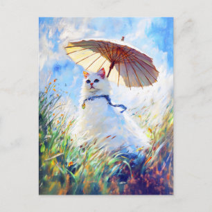 Carte Postale Peinture de chat blanc avec parasol dans le champ 
