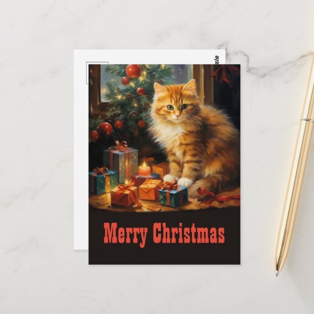 Carte Postale Peinture de chat de Noël (Devant/Arrière en situation)