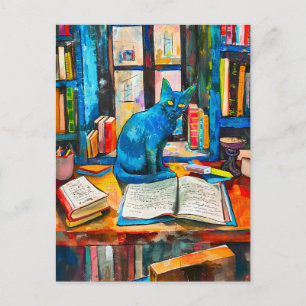 Carte Postale peinture de Chat parmi des livres ouverts
