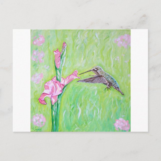 Carte Postale Peinture de colibri et de gladioli (Devant)