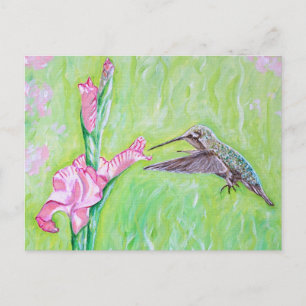 Carte Postale Peinture de colibri et de gladioli