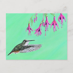 Carte Postale Peinture de colibri et Fuchsia