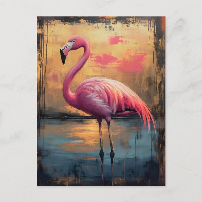 Carte Postale Peinture de coucher de soleil doré Flamant rose (Devant)