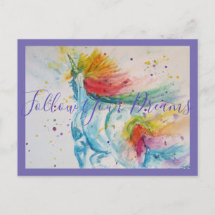 Carte Postale Peinture de licorne Suivez vos rêves Aquarelle