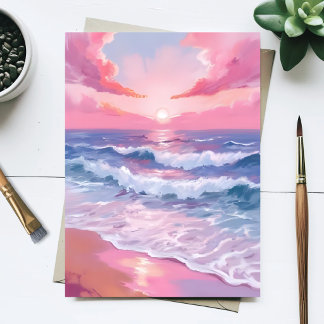 Carte Postale Peinture de plage de rivage océanique rose