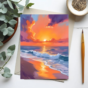Carte Postale Peinture de plage d'océan de coucher de soleil ora