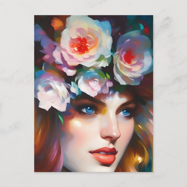 Carte Postale Peinture de portrait de femme florale (Devant)