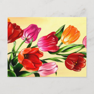 Carte Postale Peinture de Tulipes rouge rose jaune orange