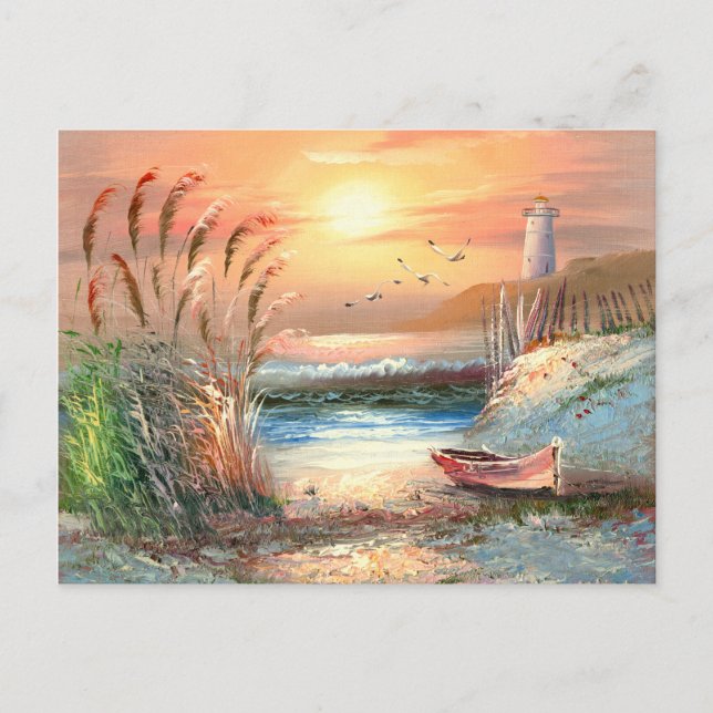 Carte Postale Peinture D'Un Bateau À Voie Baignée Près D'Un Phar (Devant)
