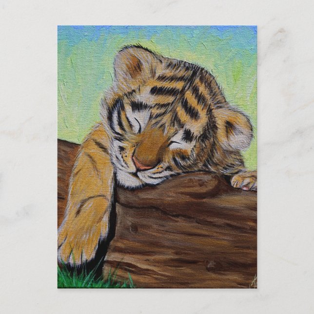 Carte Postale Peinture d'un petit tigre dormant (Devant)