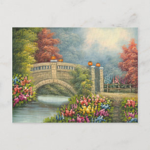 Carte Postale Peinture D'Un Pont De Marche Entouré De Fleurs