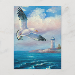 Carte Postale Peinture D'Une Mouette Volant Près D'Un Phare