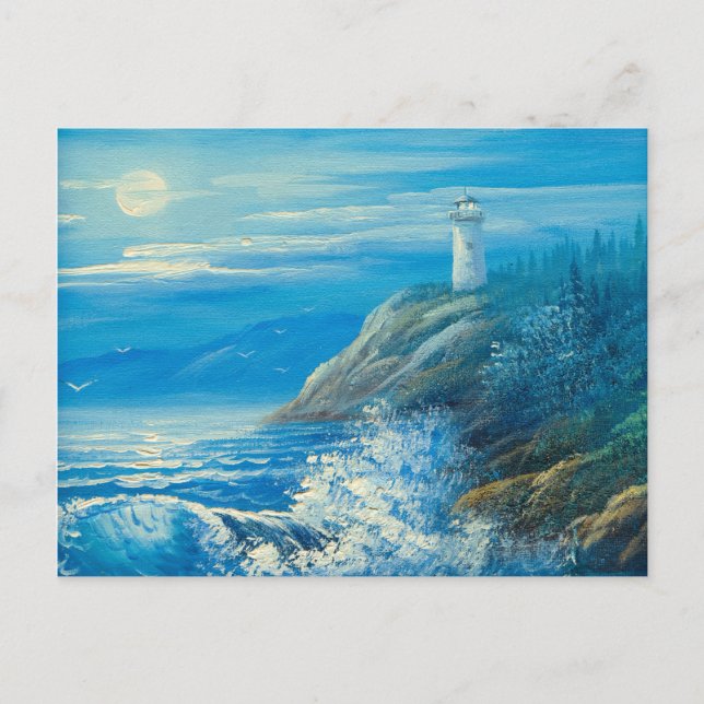 Carte Postale Peinture D'Une Pleine lune Sur Un Phare (Devant)