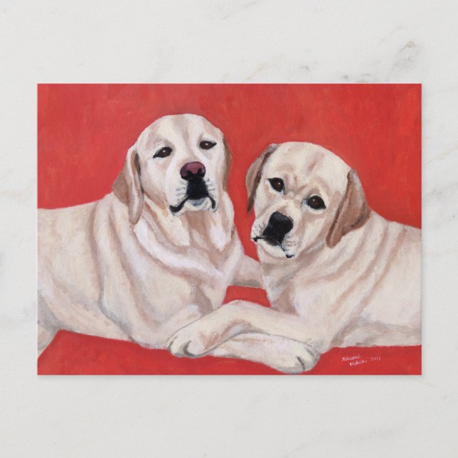 Carte Postale Peinture en duo jaune du Labrador (Devant)