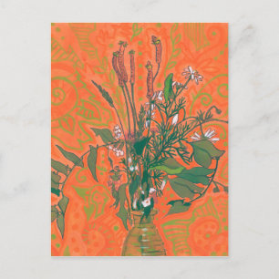 Carte Postale Peinture Florale Fleur sauvage d'été verte et oran