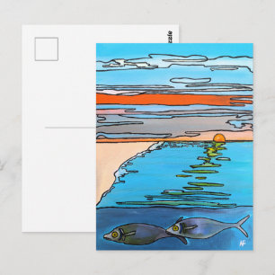 Carte Postale Peinture Lever de soleil sur l'océan 8 bits par Al