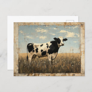 Carte Postale Peinture rustique d'une vache dans une prairie écl