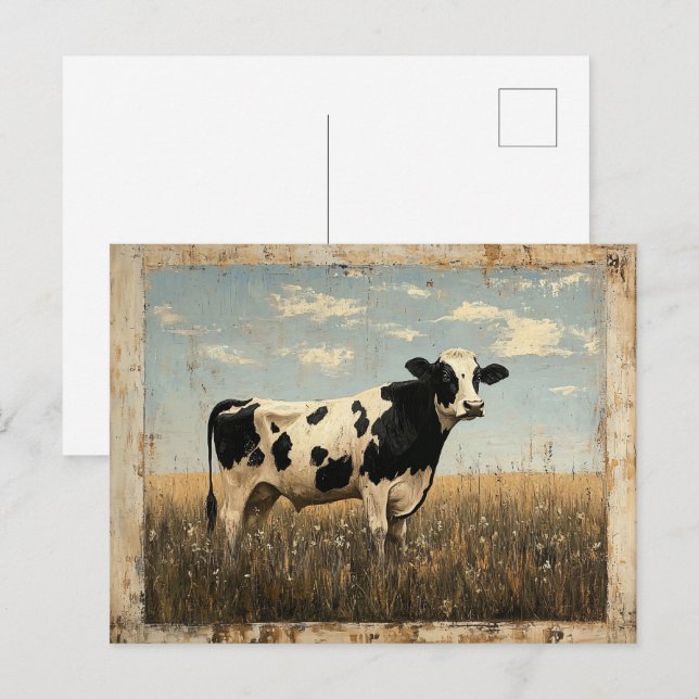 Carte Postale Peinture rustique d'une vache dans une prairie écl (Devant / Derrière)