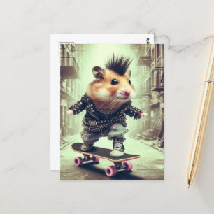 Carte Postale Pendk Rock Skateboard Hamster en Veste en Cuir