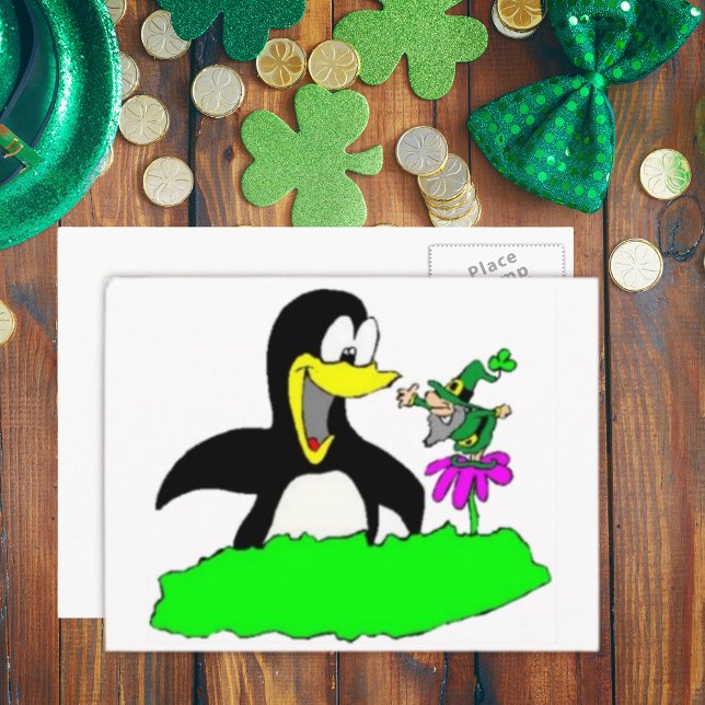 Carte Postale Penguin et Leprechaun (Penguin and Leprechaun Postcard)